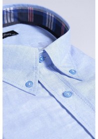 Resim Tudors Erkek Big Size Büyük Beden Uzun Kollu Pamuklu Oxford Doku Tek Cepli Mavi Düğmeli Yaka Gömlek-25603-mavi Mavi 