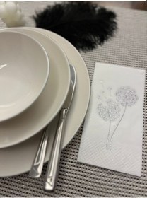 Resim Gümüş Yaldızlı Beyaz Hindiba Çiçeği Baskılı Garson Katlama Peçete 16 Lı 