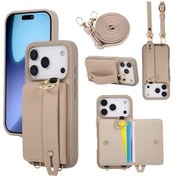 Resim Topnotch iPhone Uyumlu 14 Kaki Yeni Lychee Desenli Kartlık Bilek Kayışlı Kılıf 