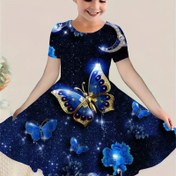 Resim Yaz Yeni Moda Kızlar Mavi Kelebek Baskılı Elbise Sevimli 3D Karikatür Prenses Kısa Kollu Çocuk Elbisesi 