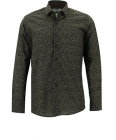 Resim Orta Füme Uzun Kol Slim Fit Dar Kesim Baskılı Pamuk Gömlek 