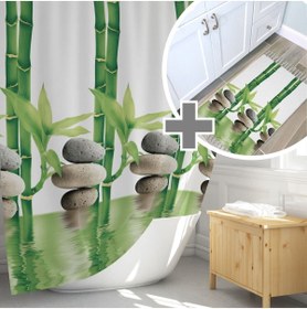 Resim Tropikhome Yeşil Banyo Perdesi Ve Banyo Paspası Takımı, Tek Kanat Duş Perdesi Seti, Bamboo Banyo Perdesi Takımı 