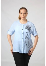 Resim Moda Berray 3293 Bebe Mavisi Çiçek Baskılı Organik Keten Kumaş Mevsimlik Gömlek Bebe Mavi Bebek Mavisi 