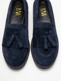 Resim Luvi Shoes Milina Lacivert Süet Püsküllü Hakiki Deri Kadın Loafer Ayakkabı Lacivert 