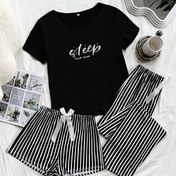 Resim Kadınlar için 3 Parçalı Pijama Takımı, Çizgili ve Harf Baskılı Kısa Kollu Pijamalar, Şortlar ve Uzunlar - Fiyonk Stili, Çoklu Mevsimler İçin Uygun 
