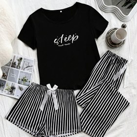 Resim Kadınlar için 3 Parçalı Pijama Takımı, Çizgili ve Harf Baskılı Kısa Kollu Pijamalar, Şortlar ve Uzunlar - Fiyonk Stili, Çoklu Mevsimler İçin Uygun 