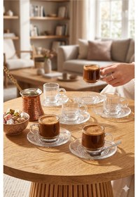 Resim 6 Kişilik Cam Kahve Fincan Takımı Pinterest Tarzı Bohem Şık Cam Tabaklı Modern Türk Kahvesi Sunumu Şeffaf 