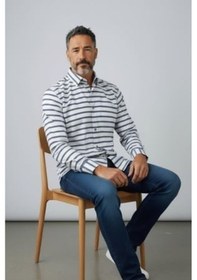 Resim Klasik Cotton Uzun Kollu Terletmeyen Kışlık 2 Renkli Çizgili Gömlek Slim Fit Gri 