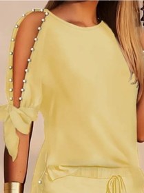 Resim Soonaksesuar Kadın Kısa Kollu Bisiklet Yaka Yarı Açık Omuz Inci Detaylı Short T-shirt Viskon Ikili Takım Sarı 