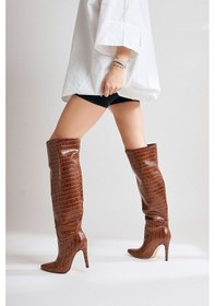 Resim Limoya Nenya Taba Kroko Desenli Sivri Burunlu İnce Topuklu Dizüstü Çizme 001 