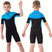 Resim 3mm Gençler için Kısa Kollu Wetsuit Ön Fermuarlı - Mavi ve Siyah Geometrik Desen, Naylon Kaplı Neopren Yüzme Kıyafeti Plaj, Sörf ve Su Sporları için, Plaj Yüzme Kıyafeti, Spor Yüzme Kıyafeti, Dayanıklı Yüzme Kıyafeti 