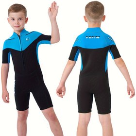 Resim 3mm Gençler için Kısa Kollu Wetsuit Ön Fermuarlı - Mavi ve Siyah Geometrik Desen, Naylon Kaplı Neopren Yüzme Kıyafeti Plaj, Sörf ve Su Sporları için, Plaj Yüzme Kıyafeti, Spor Yüzme Kıyafeti, Dayanıklı Yüzme Kıyafeti 