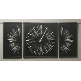 Resim Çerçeveli Üçlü Kanvas Tablo Saat Ince Çizgili 