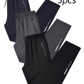 Resim 3 Adet Erkek Günlük Pantolon - Nefes Alabilen Hafif Dokuma Kumaş, Elastik Bel ve İpli Bağcıklı, Fermuarlı Cepler, Baskılı Desen, Makinede Yıkanabilir İlkbahar/Sonbahar (Lacivert & Siyah), Rahat Giyim, Modern Gündelik Kıyafetler, Pürüzsüz Doku 