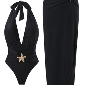 Resim Kadınlar İçin Seksi V Yaka Halter Bikini Tek Parça Etekli İki Parçalı Mayo Takımı 