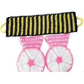 Resim El İşi Örme Pembe-beyaz Siyah-sarı Üçlü Takım Banyo Lifi 