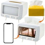 Resim Yaleker Retro Tv Desenli Çift Fonksiyonlu Peçete Tutucu İle Telefon Tutucu - Ev Ve Ofis İçin Pratik Dekor Aksesuarı Beyaz 