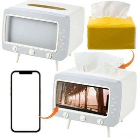 Resim Yaleker Retro Tv Desenli Çift Fonksiyonlu Peçete Tutucu İle Telefon Tutucu - Ev Ve Ofis İçin Pratik Dekor Aksesuarı Beyaz 