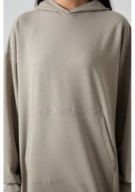 Resim Tommy Life Koyu Bej Balon Kol Yazı Nakışlı Kadın Oversize Tunik Sweatshirt - 97163 Koyu Bej 