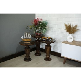 Resim Simillo Home&Living Wood Wooden 3’lü Set Fitilli Mantar Yan Sehpa Modern Ceviz Renk Fiskos 
