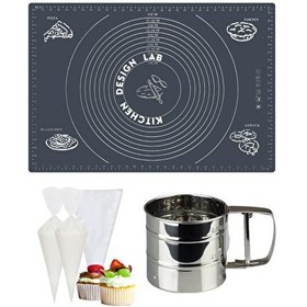 Resim Kitchen Design Lab 45x65 CM Gri Silikon Hamur Açma Matı Çelik Un Eleği Ve Kullan At Krema Sıkma Torbası Seti 