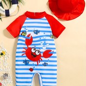 Resim Bebek Erkek Yenidoğan Bebek Erkek Çizgili Yengeç Balık Baskılı Arka Fermuar Tasarımı Kısa Kollu Tulum ve Kırmızı Şapka 2 Parça Set Bebek Erkek Tulum Mayo, Dış Mekanlar İçin Mükemmel 