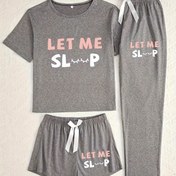 Resim Kadın 3 Adet Gri Rahat Giyim Seti - Kısa Kollu, Uzun Pantolon ve Şort ile "Let Me Slip" Baskısı, Bahar/Yaz/Sonbahar için Rahat Uyku Giyimi, Yetişkin Bedeni, Rahat Giyim Pijamaları|Canlı Baskılı Pijamalar|Yumuşak Kumaş Pijamalar 