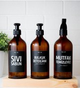 Resim LALEZEN HOME Ahşap Standlı Bulaşık Deterjanı Sıvı Sabun Mutfak Temizleyici Siyah Etiketli Amber Cam Şişe 500 Ml 