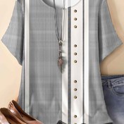 Resim Yeni Kadın Tişört, Gündelik Tarz Minimalist Çizgili Baskı Tam Vücut Kısa Kollu Yuvarlak Yaka Esnek Üst - Aksesuarsız 