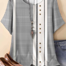 Resim Yeni Kadın Tişört, Gündelik Tarz Minimalist Çizgili Baskı Tam Vücut Kısa Kollu Yuvarlak Yaka Esnek Üst - Aksesuarsız 
