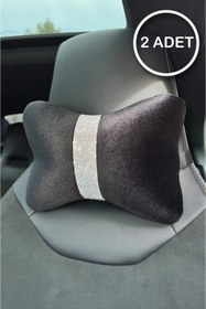 Resim dizaynpark Siyah Düz Kadife Gümüş Dik Şeritli Boyun Yastığı 2 Adet 