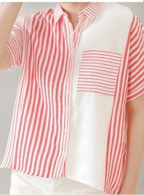 Resim Adisia Kadın Keten Oversize Pembe Cizgili Beyaz Kısa Kollu Gömlek Pembe 