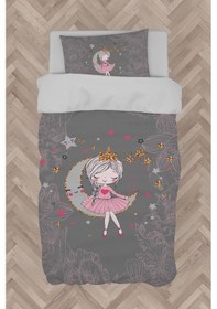 Resim Mekta Home Bebek Ve Çocuk Odası Ayda Oturan Kız Pembe Motifli Gri Nevresim Takımı 