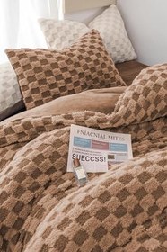 Resim Çift (Taraflı) Kişilik Kürk Yorgan Uyku Seti Yumuşak Wellsoft Peluş 3 Parça Polo Kahve 