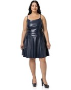 Resim Büyük Beden Ayarlanabilir İnce Askılı Sırtı Lastikli Deri Mini Lacivert Elbise-lacivert Lacivert 