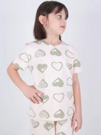 Resim Kız Çocuk Pamuklu Kalpli Desenli Pijama Takımı Kc30102 Ekru - Yeşil 