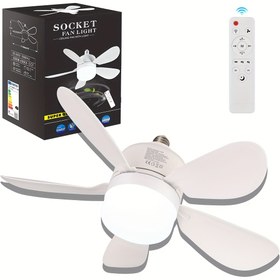 Resim 1 Adet Soketli Tavan Vantilatörü, Işıklı ve Uzaktan Kumandalı, E27 Sessiz LED Aydınlatmalı Dimmerli Küçük Ampul/Tavan Fanı - Yatak Odası, Mutfak, Balkon İçin 