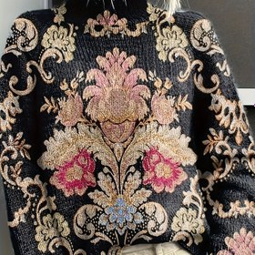 Resim Kadınlar için Şık Siyah ve Bej Renkli Yüksek Yaka Kazak - İnci Çiçek Desenli, Uzun Kollu, Sonbahar ve Kış İçin Mükemmel, Çiçek Desenli Kazak | Kazak, Kazak Kazak 