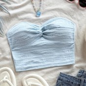 Resim Kadınlar için Açık Mavi & Beyaz Çizgili Önden Bükümlü Omuzsuz Crop Top - Ayarlanabilir Düğüm Detayı, Orta Esneklik, Makinede Yıkanabilir, Dolgusuz, İlkbahar Yaz Sonbahar Günlük Tatil Plaj Giysisi, Orta Elastik Kumaş 
