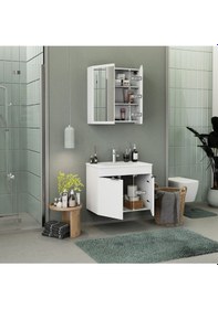 Resim Biani Fix Loft 85 Cm Banyo Dolabı,Seramik Lavabolu, Aynalı,Lavabo Dahil,Mdf,Mat Beyaz 