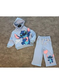 Resim Cg Kids Stitch Temalı İspanyol Paça 2 İplik Kız Çocuk Alt Üst Eşofman Takım Süper Kalite Mavi 