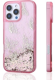 Resim İphone 14 Pro Max Uyumlu Kılıf Sıvılı Simli Kelebek Baskılı Şeffaf Arka Yüzey Zore Glis Silikon Kapa Mor 