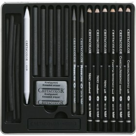 Resim Cretacolor Black Box Charcoal Drawing Set Karakalem Eskiz Çizim Seti Metal Kutu 20 Parça 