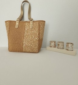 Resim Fikriharika Design Kağıt İp Plaj Ve Omuz Çantası - Kese Kağıdı Rengi & Gold Pul Detaylı Koyu Bej 