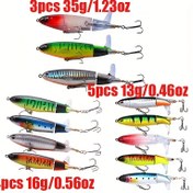 Resim 3'lü/35g, 4'lülü/16g, 5'li/13g Topwater Whopper Plopper Balık Yemi Seti, yüksek kaliteli 360 derece dönen spiral kuyruklu tasarımıyla sıçrama ve titreşimi artırır; levrek, alabalık, turna, altınlevreğe uygun 