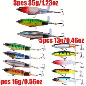 Resim 3'lü/35g, 4'lülü/16g, 5'li/13g Topwater Whopper Plopper Balık Yemi Seti, yüksek kaliteli 360 derece dönen spiral kuyruklu tasarımıyla sıçrama ve titreşimi artırır; levrek, alabalık, turna, altınlevreğe uygun 