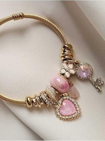 Resim Zirkon Taşlı Charm Bileklik Kalpli Anahtar Pembe Charm Gold GOLD-16 cm 