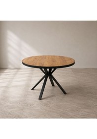 Resim Modern Yuvarlak Yemek Masası Ahşap Desenli Siyah Metal Yıldız Ayak 90x90 