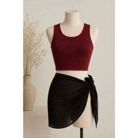 Resim Beruflic Kadın Bordo Yuvarlak Yaka Crop ve Siyah Transparan Pareo 2’li Set Under Moda 