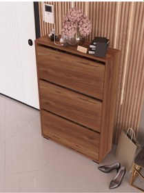 Resim Skeche Düşer Kapak Ayakkabılık Raflı Ayakkabılık 3 Bölmeli Ayakkabılık Ceviz Ceviz 